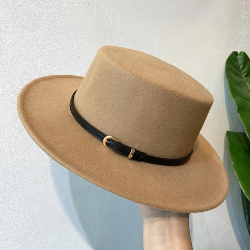 Belt Buckle Decorated Wool Fedoras Hat For Women Flap Brim Felt Hats Retro Jazz Cap Winter Autumn Warm British Style Boater Caps