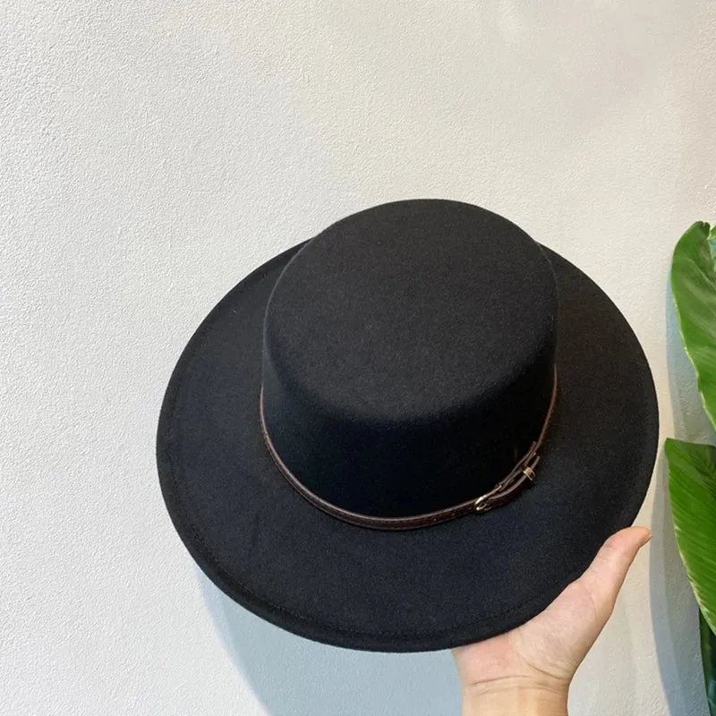 Belt Buckle Decorated Wool Fedoras Hat For Women Flap Brim Felt Hats Retro Jazz Cap Winter Autumn Warm British Style Boater Caps