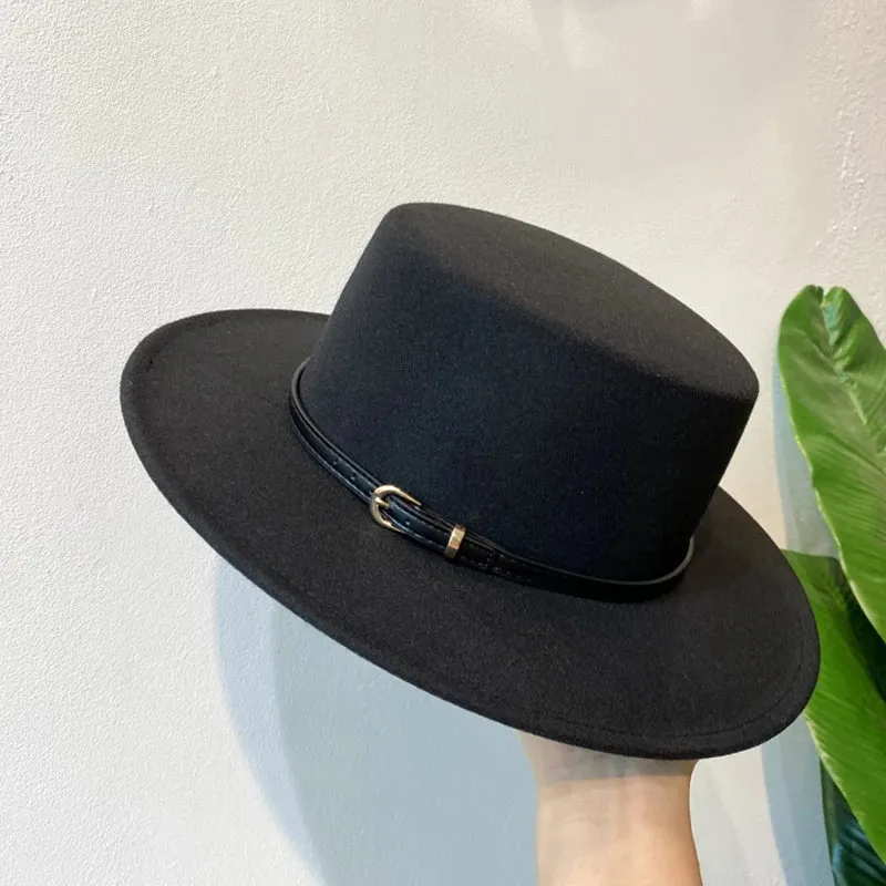 Belt Buckle Decorated Wool Fedoras Hat For Women Flap Brim Felt Hats Retro Jazz Cap Winter Autumn Warm British Style Boater Caps
