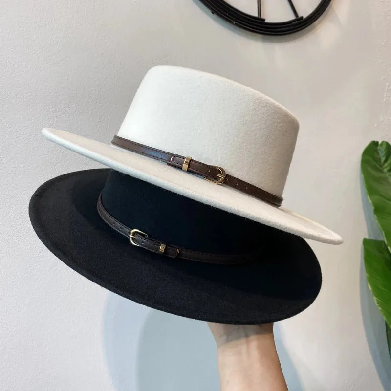 Belt Buckle Decorated Wool Fedoras Hat For Women Flap Brim Felt Hats Retro Jazz Cap Winter Autumn Warm British Style Boater Caps