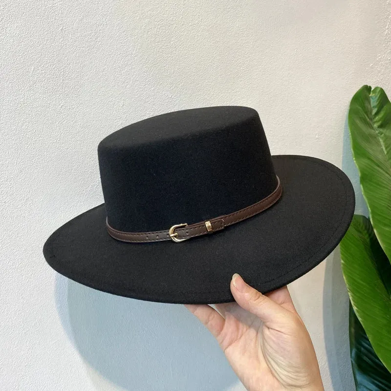 Belt Buckle Decorated Wool Fedoras Hat For Women Flap Brim Felt Hats Retro Jazz Cap Winter Autumn Warm British Style Boater Caps