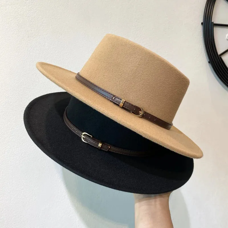 Belt Buckle Decorated Wool Fedoras Hat For Women Flap Brim Felt Hats Retro Jazz Cap Winter Autumn Warm British Style Boater Caps