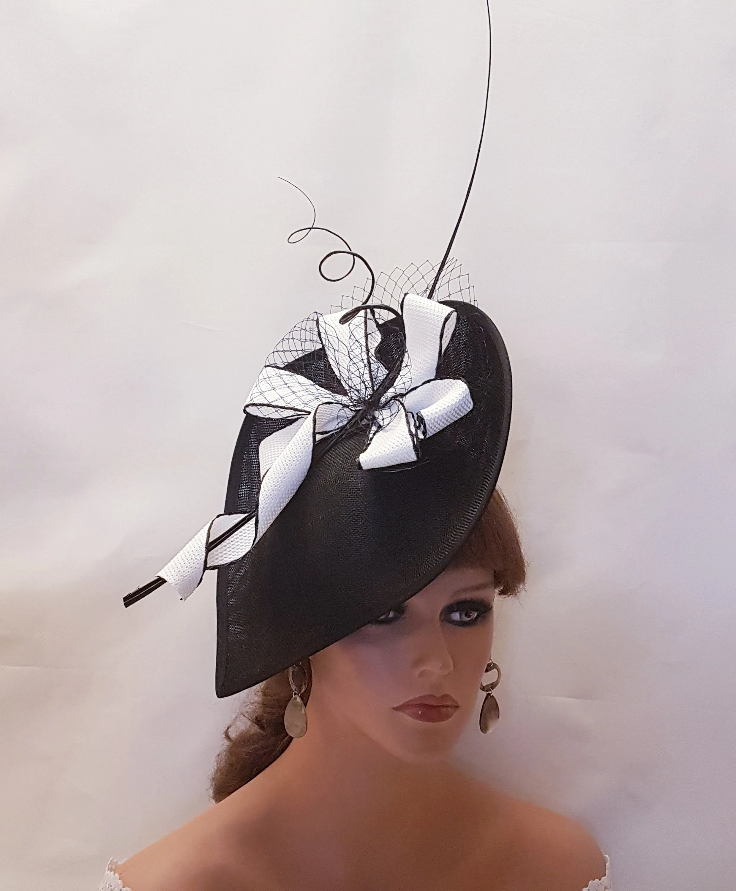 BLACK & WHITE HAT Fascinator Large Black Teardrop Hat fascinator Mother of bride/groom hat