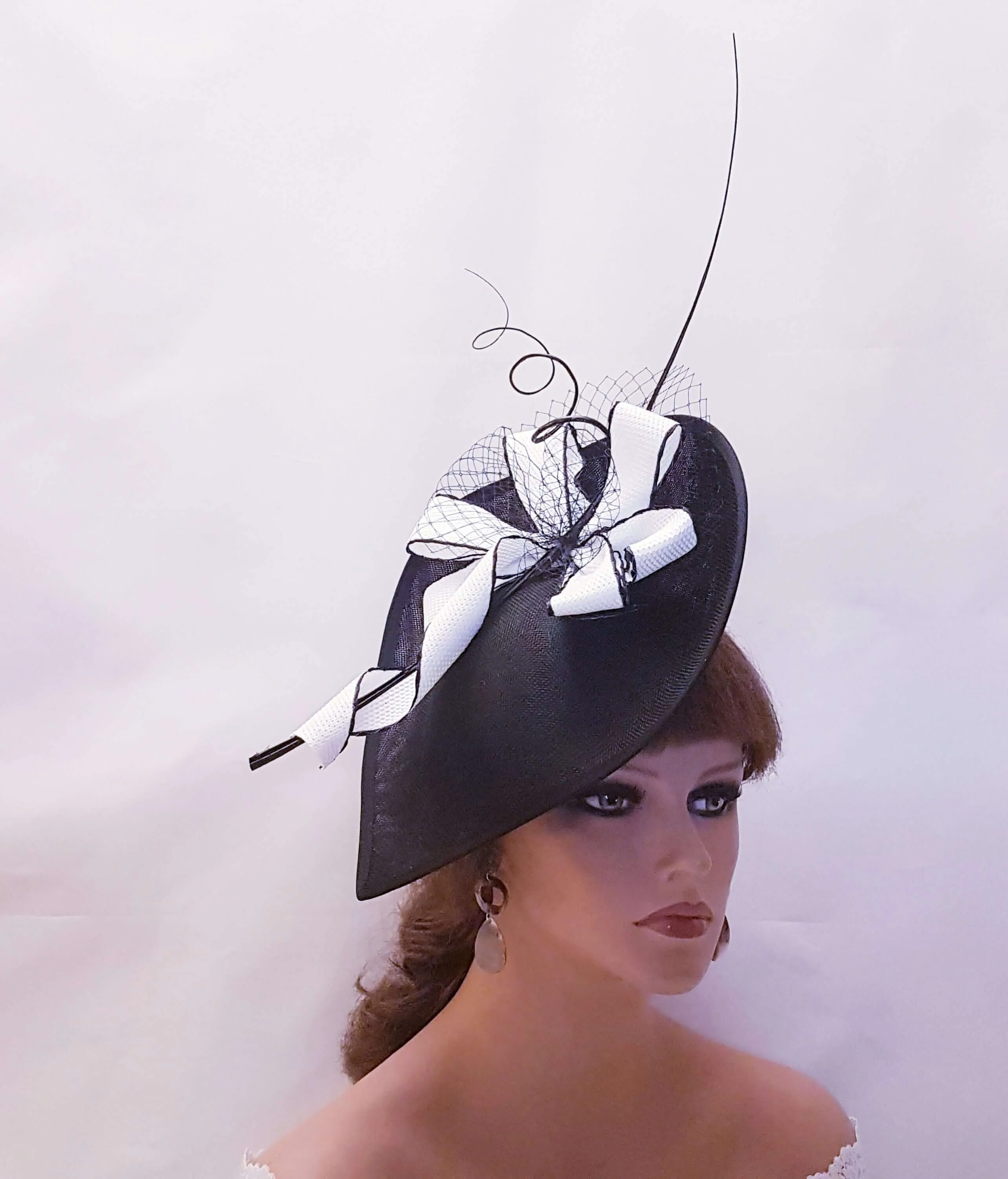 BLACK & WHITE HAT Fascinator Large Black Teardrop Hat fascinator Mother of bride/groom hat