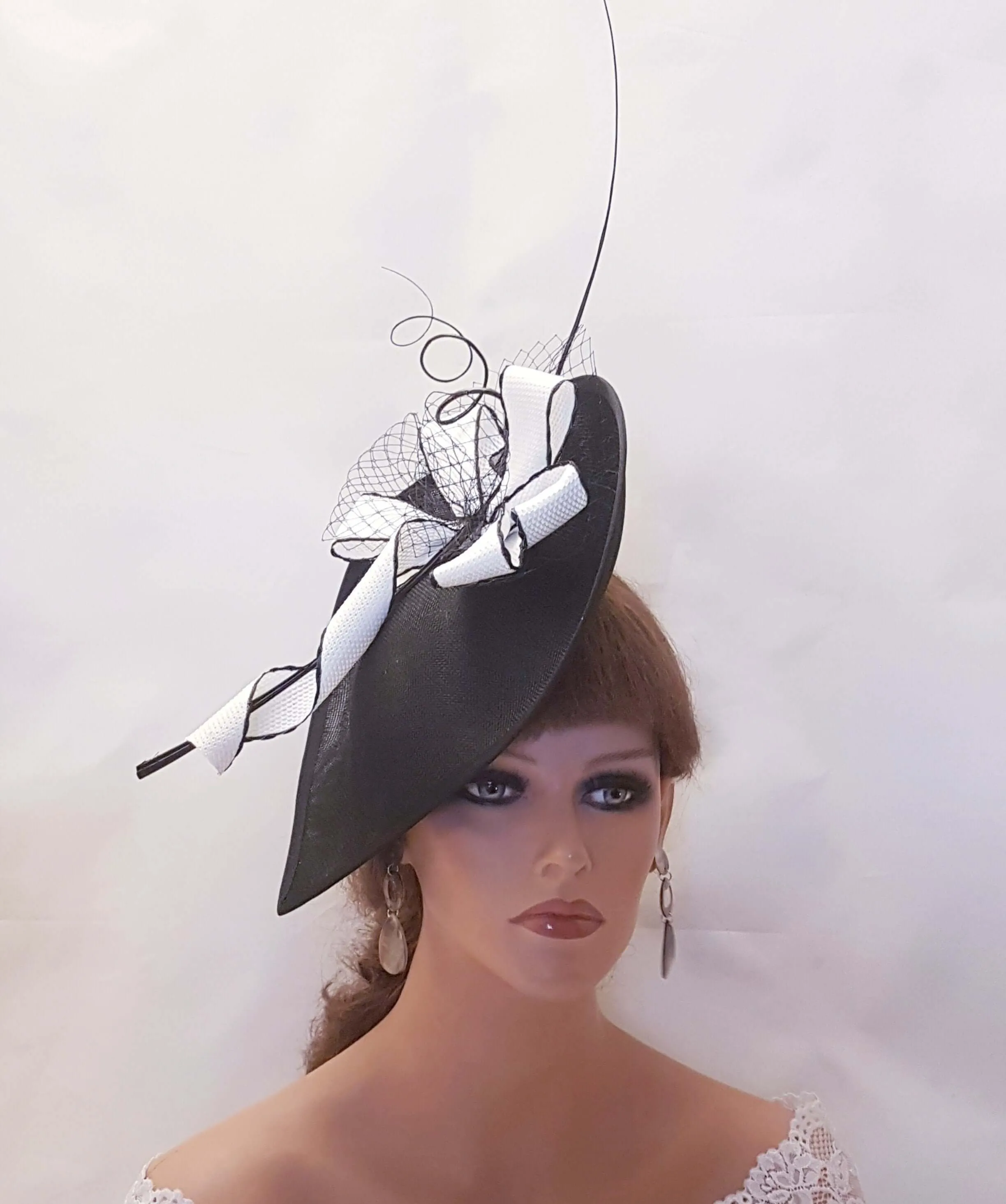 BLACK & WHITE HAT Fascinator Large Black Teardrop Hat fascinator Mother of bride/groom hat