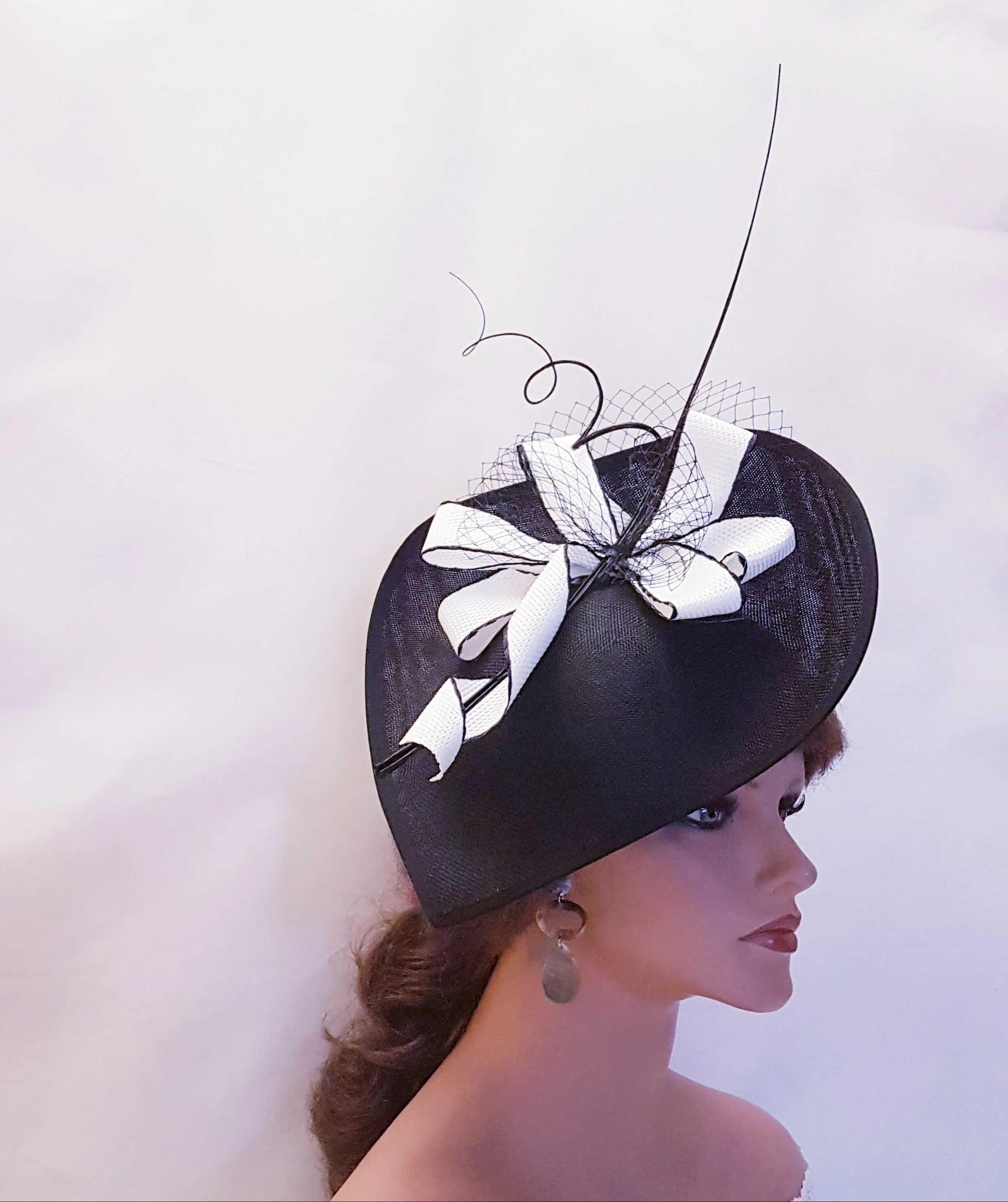 BLACK & WHITE HAT Fascinator Large Black Teardrop Hat fascinator Mother of bride/groom hat