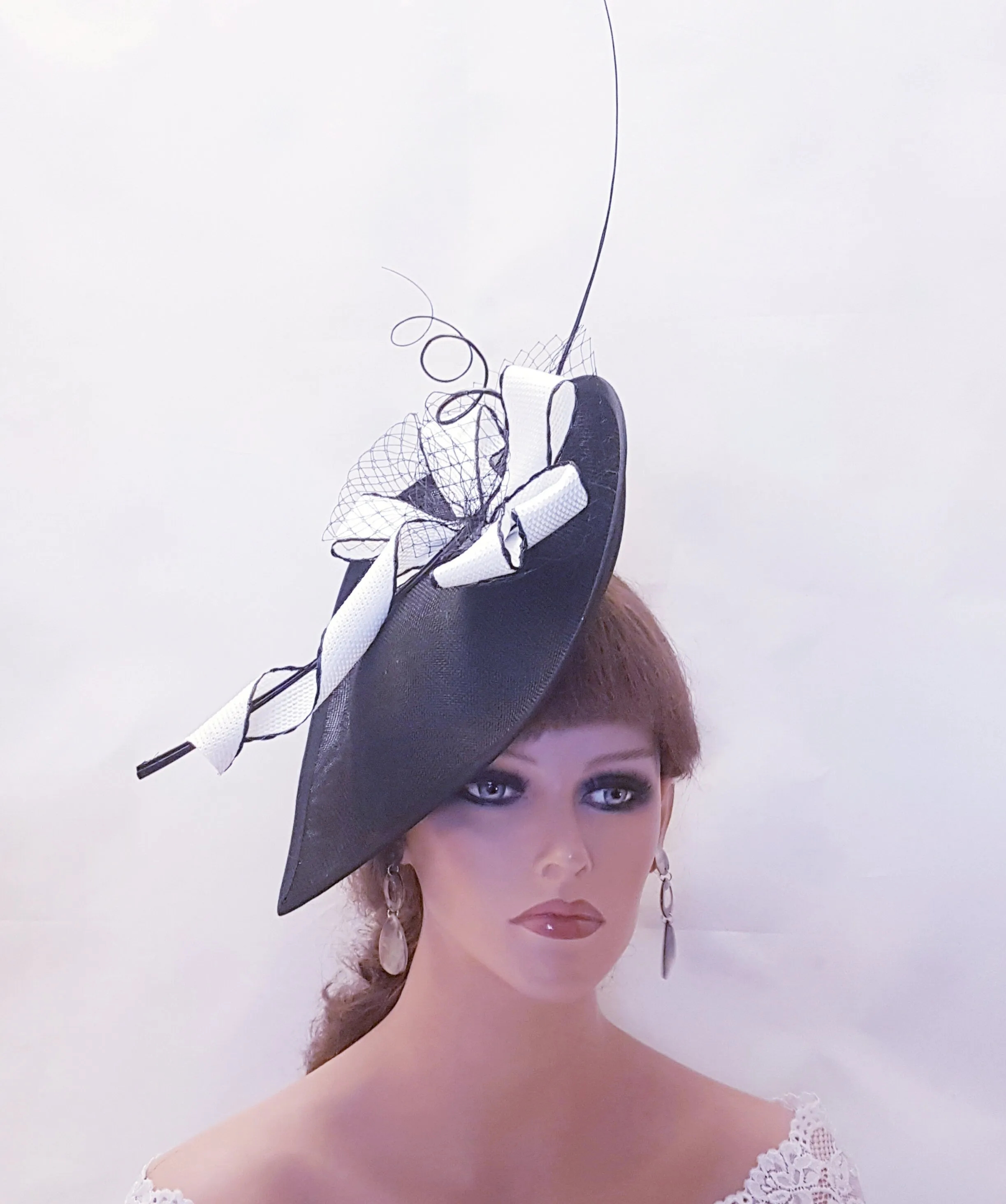 BLACK & WHITE HAT Fascinator Large Black Teardrop Hat fascinator Mother of bride/groom hat