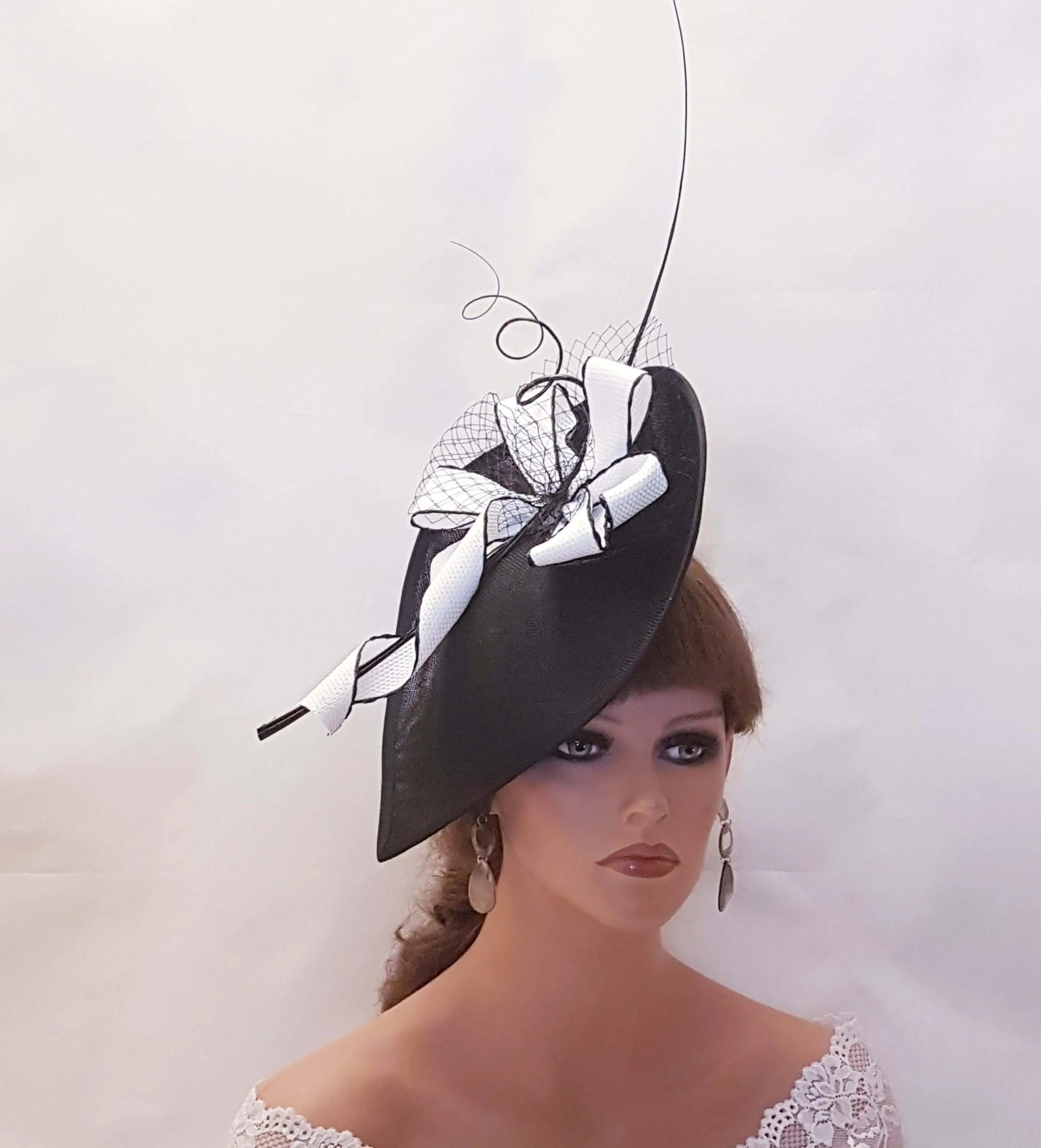 BLACK & WHITE HAT Fascinator Large Black Teardrop Hat fascinator Mother of bride/groom hat