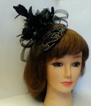 Black Fascinator hat Vintage 1940s-50s Fascinator hat Black foil print Velvet Tear drop hat flower fascinator Ascot Fascinator Cocktail  HAT