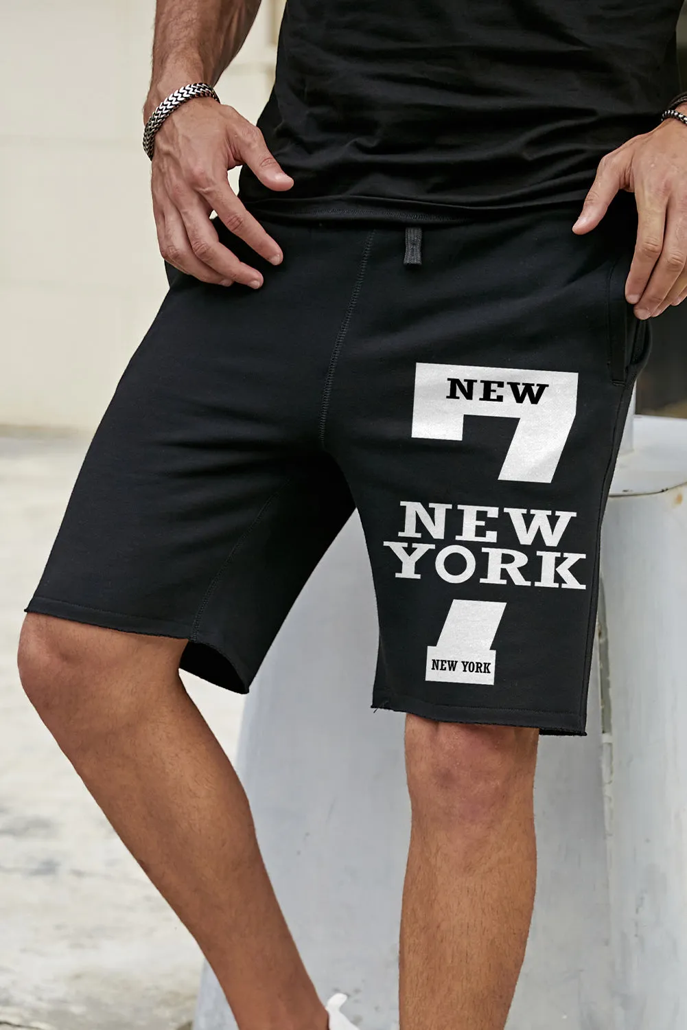 Black New York Number 7 Print Jogging Fitness Drawstring Shorts