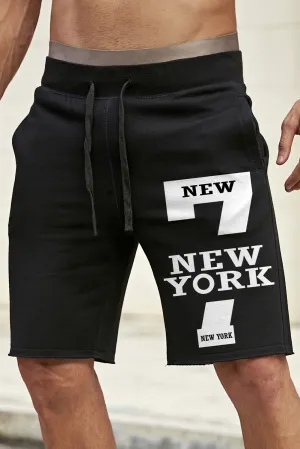 Black New York Number 7 Print Jogging Fitness Drawstring Shorts