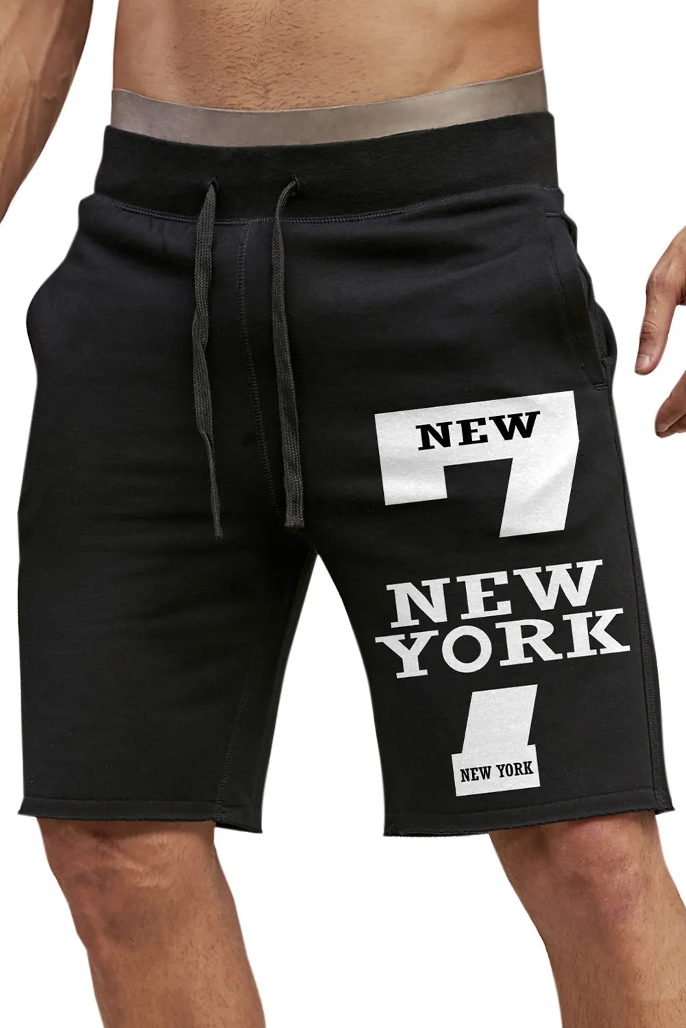 Black New York Number 7 Print Jogging Fitness Drawstring Shorts