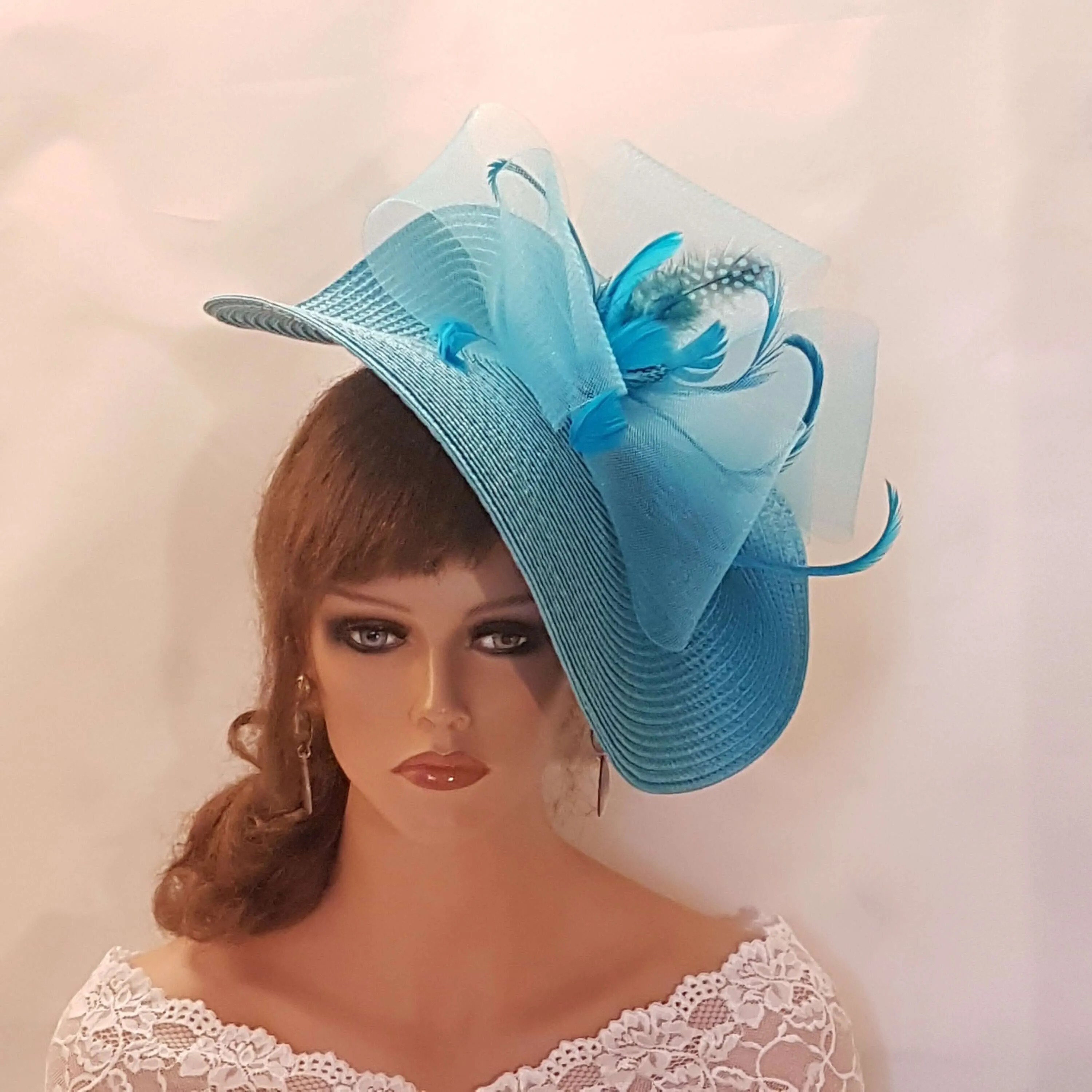 BLUE fascinator large saucer hatinator TURQUOISE blue FEATHER Hat Church Derby Ascot Royal Wedding Party hat Mother of Bride/Groom Hatinator