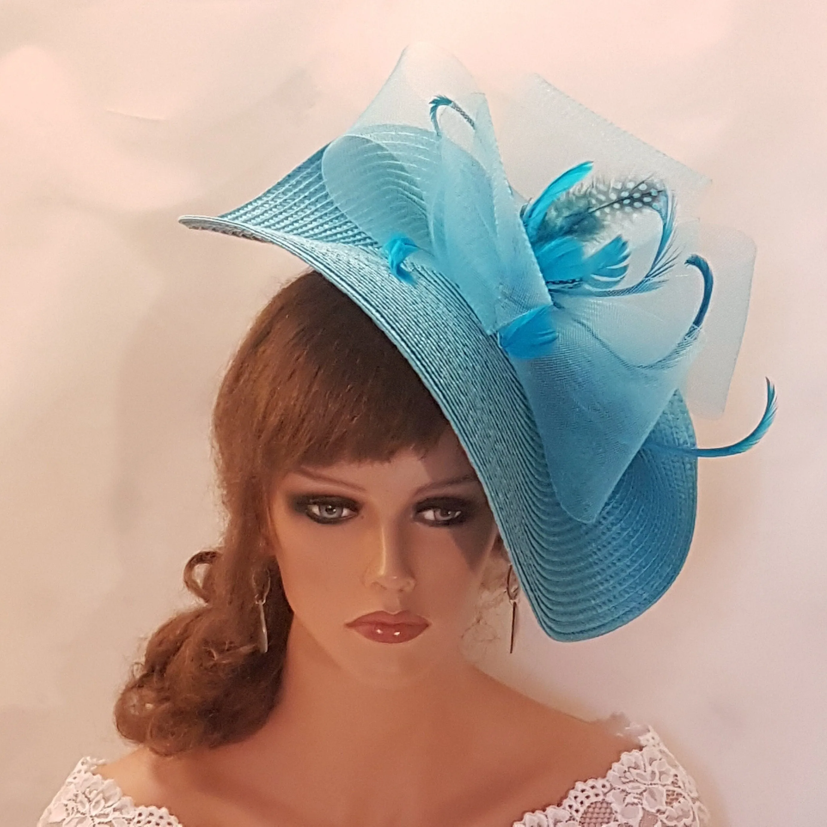 BLUE fascinator large saucer hatinator TURQUOISE blue FEATHER Hat Church Derby Ascot Royal Wedding Party hat Mother of Bride/Groom Hatinator