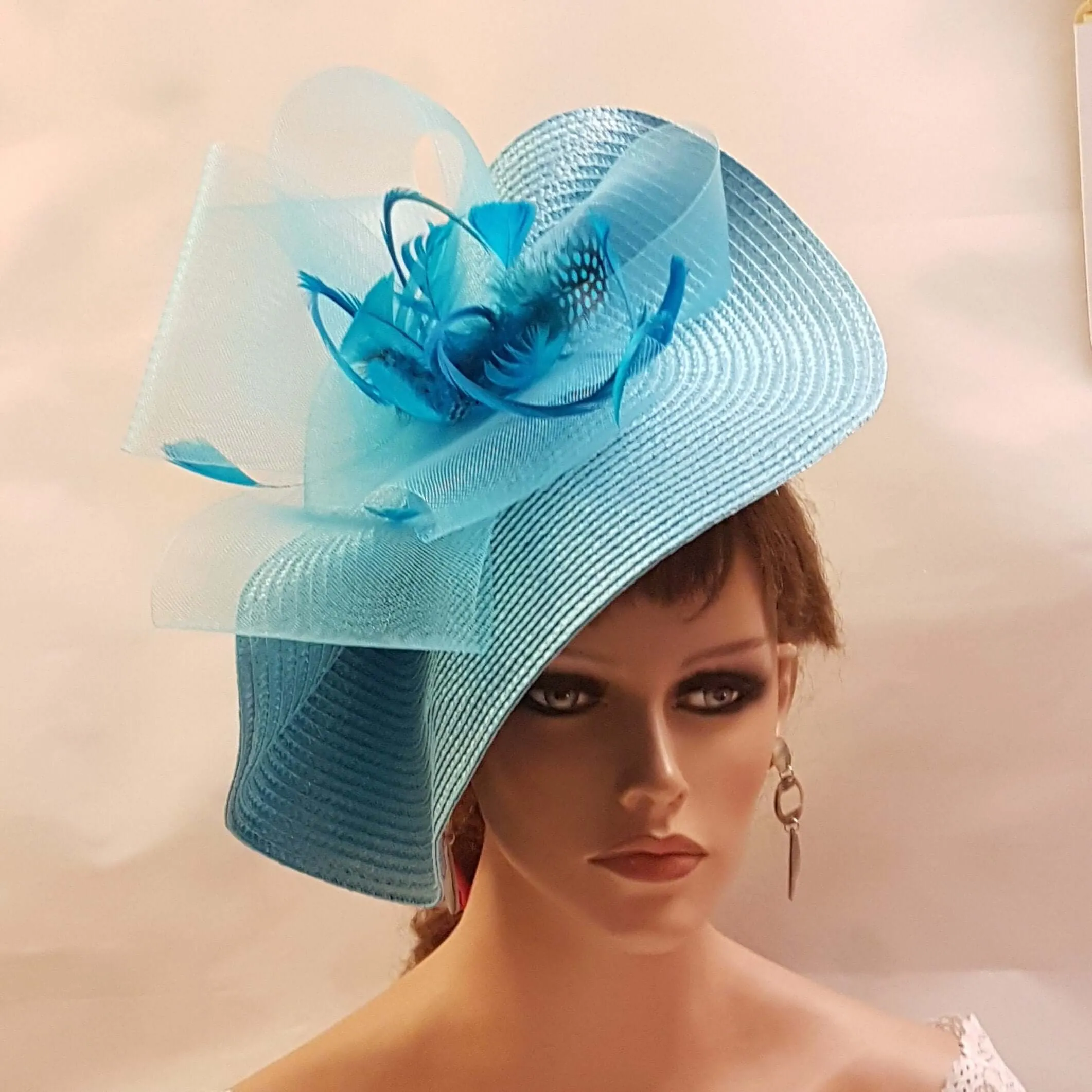 BLUE fascinator large saucer hatinator TURQUOISE blue FEATHER Hat Church Derby Ascot Royal Wedding Party hat Mother of Bride/Groom Hatinator