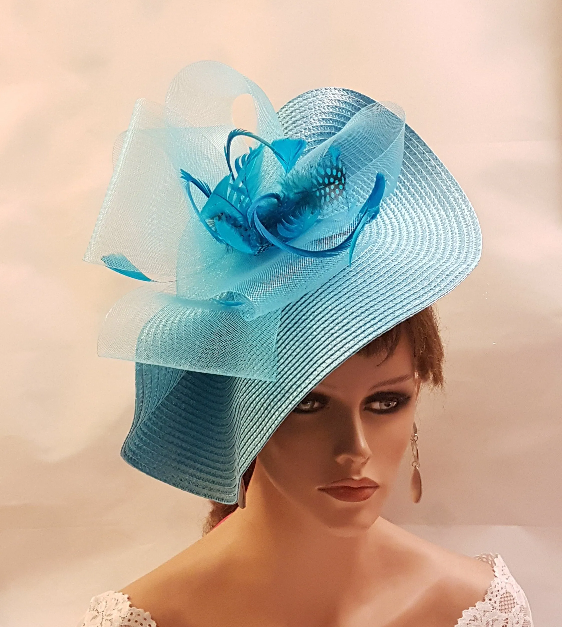 BLUE fascinator large saucer hatinator TURQUOISE blue FEATHER Hat Church Derby Ascot Royal Wedding Party hat Mother of Bride/Groom Hatinator