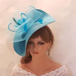 BLUE fascinator large saucer hatinator TURQUOISE blue FEATHER Hat Church Derby Ascot Royal Wedding Party hat Mother of Bride/Groom Hatinator