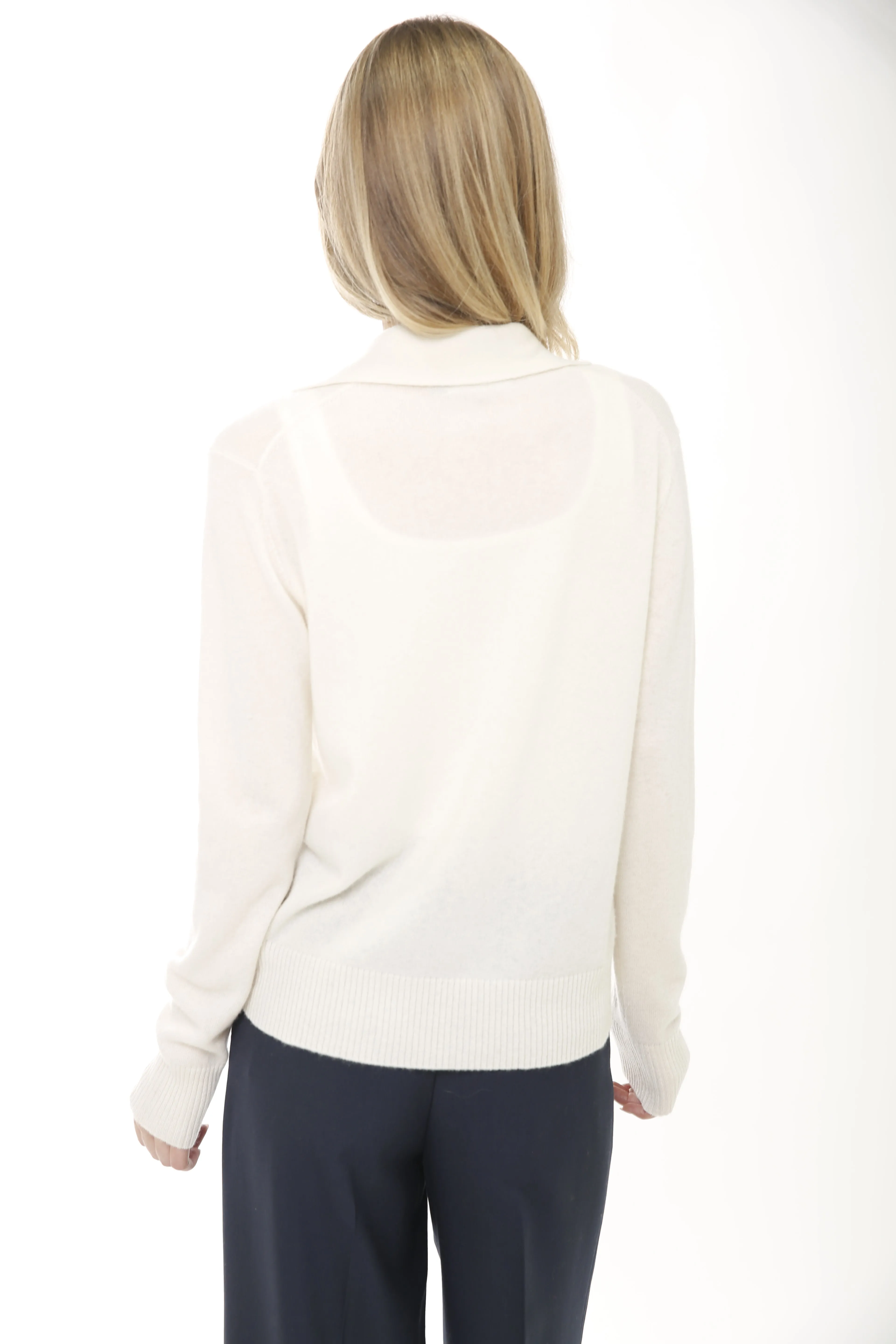 Cashmere Long Sleeve Polo Collar Pullover with Cable Braid Trim