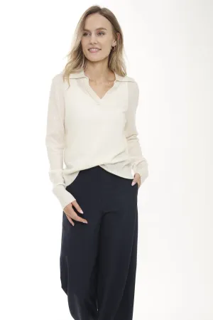 Cashmere Long Sleeve Polo Collar Pullover with Cable Braid Trim
