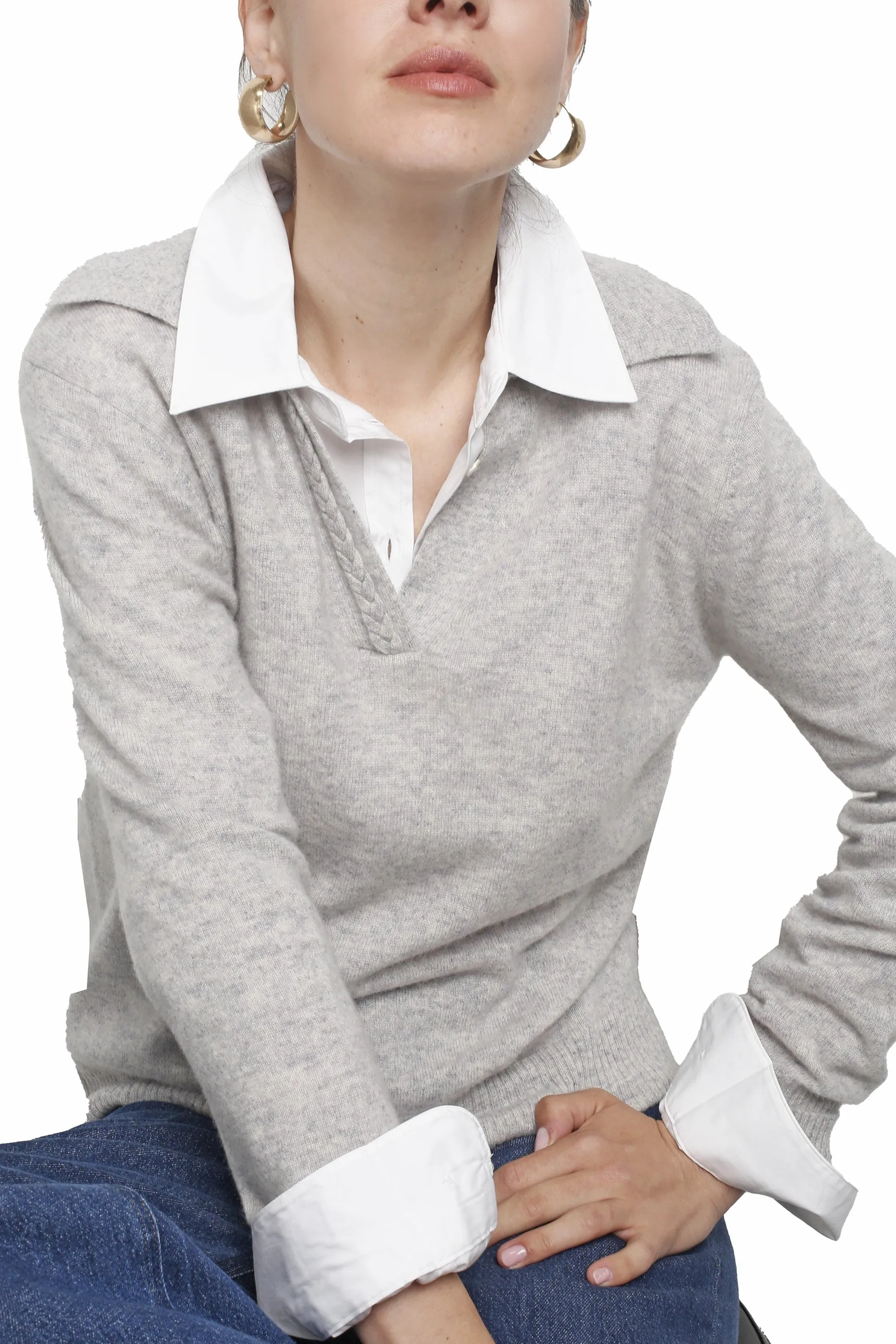 Cashmere Long Sleeve Polo Collar Pullover with Cable Braid Trim