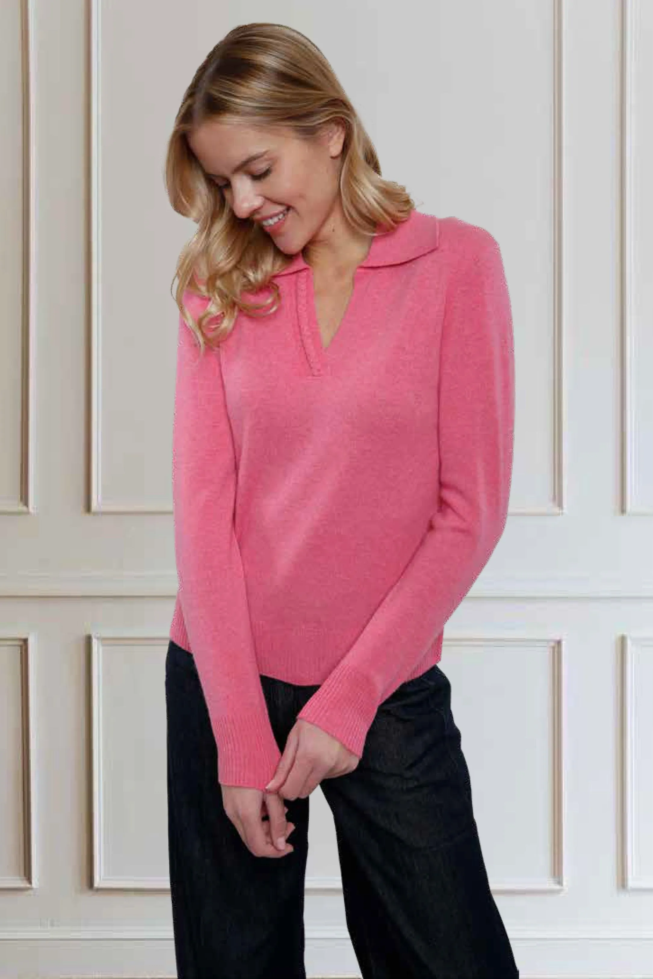 Cashmere Long Sleeve Polo Collar Pullover with Cable Braid Trim