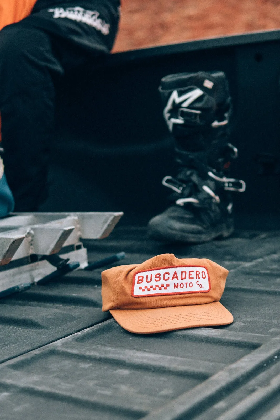 ‘Checker Moto’ Unstructured 5 panel Hat - Camel