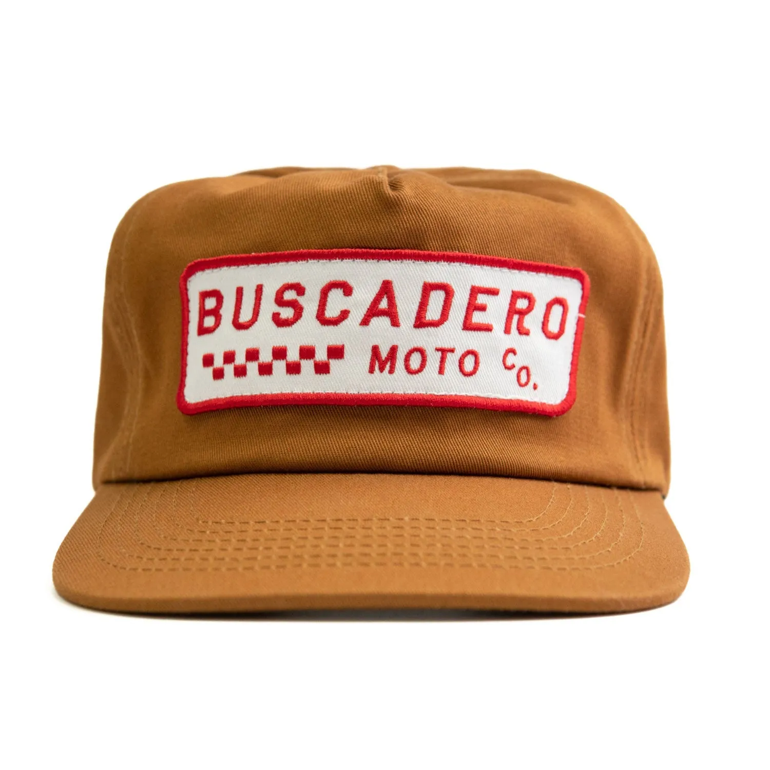 ‘Checker Moto’ Unstructured 5 panel Hat - Camel