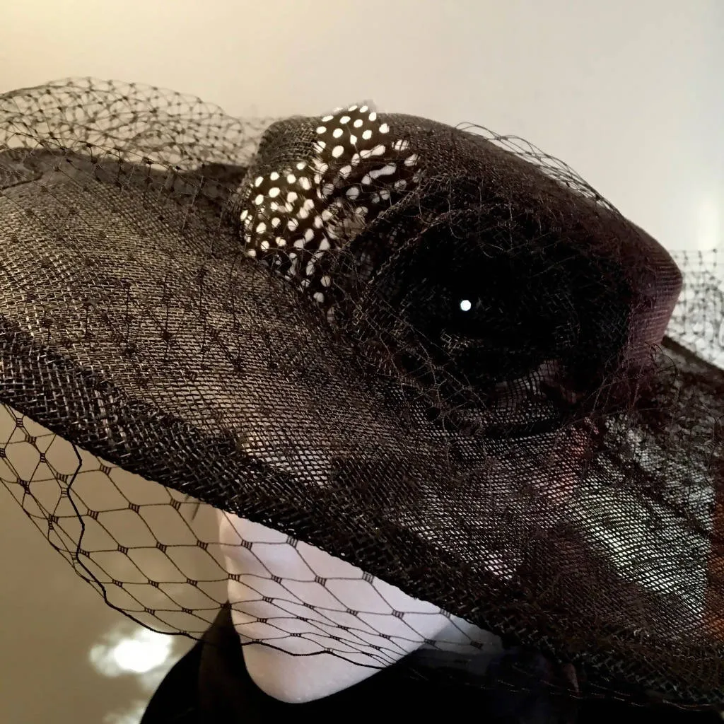 Classic black hat-like fascinator, with scalloped brim and all around veiling. Hatinator: formal occasion or race day, Ascot or luncheon "JUNE"