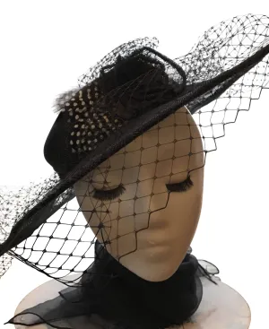 Classic black hat-like fascinator, with scalloped brim and all around veiling. Hatinator: formal occasion or race day, Ascot or luncheon "JUNE"