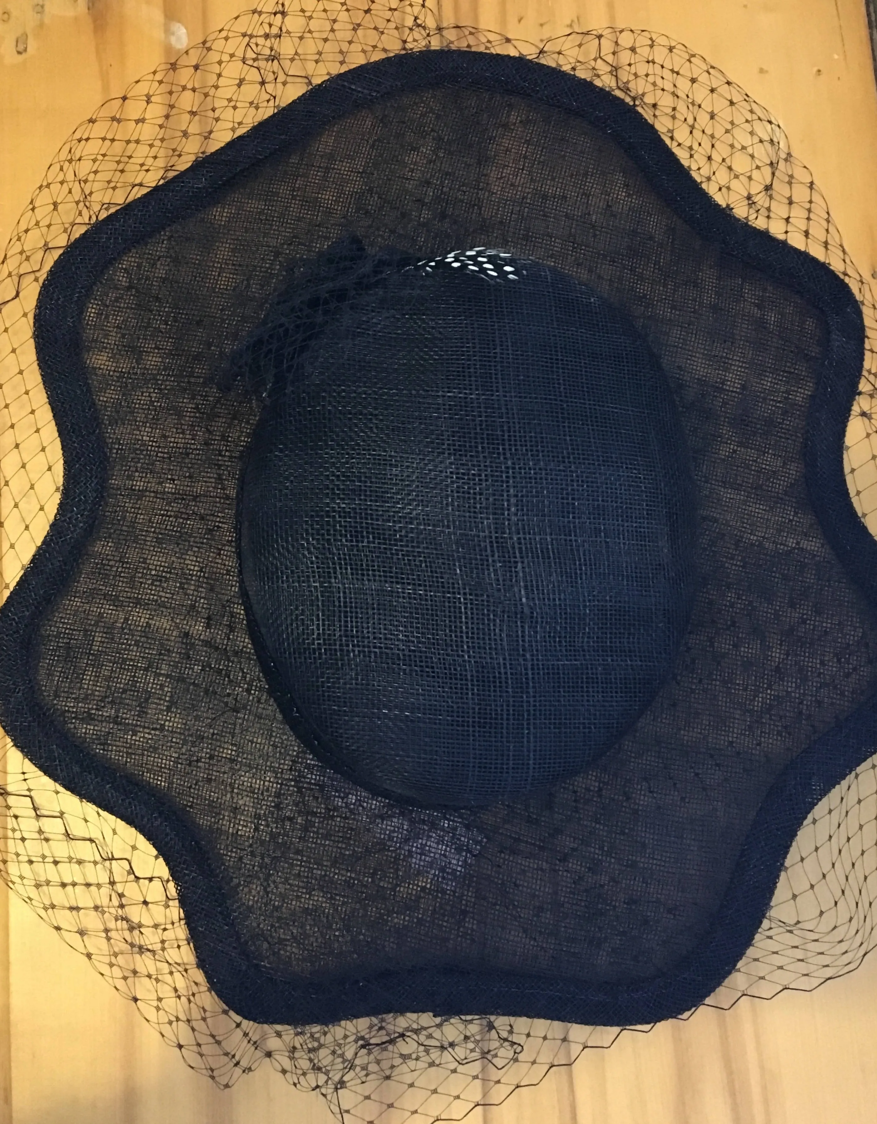 Classic black hat-like fascinator, with scalloped brim and all around veiling. Hatinator: formal occasion or race day, Ascot or luncheon "JUNE"