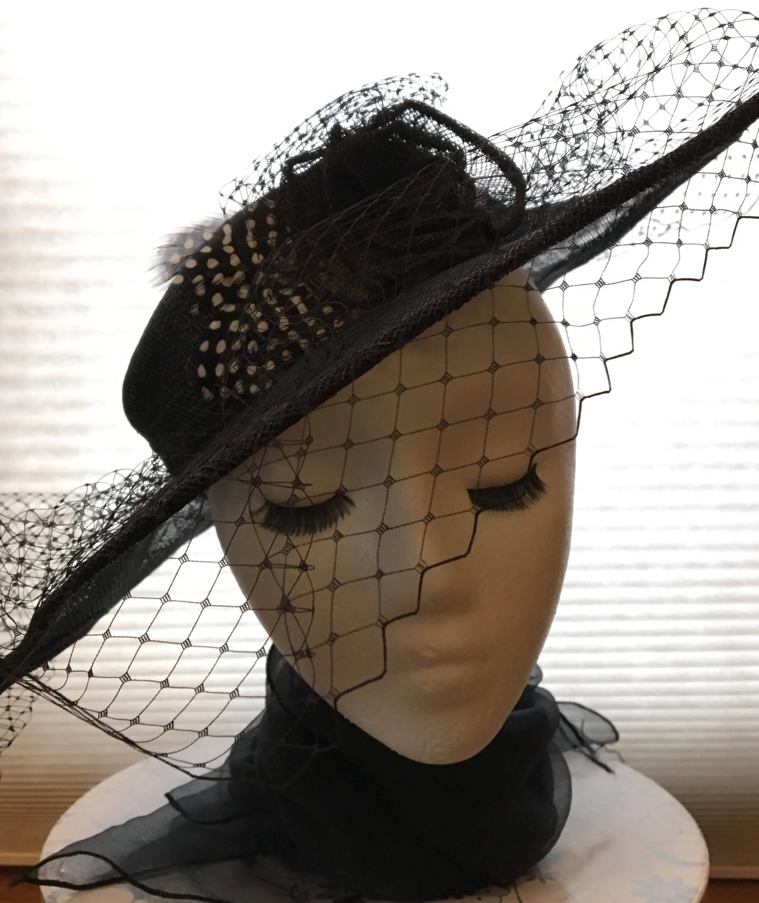 Classic black hat-like fascinator, with scalloped brim and all around veiling. Hatinator: formal occasion or race day, Ascot or luncheon "JUNE"