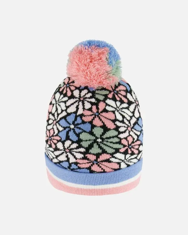 Deux par Deux - Knit Hat Blue, Pink And White Retro Flowers