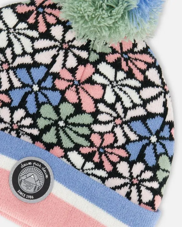 Deux par Deux - Knit Hat Blue, Pink And White Retro Flowers