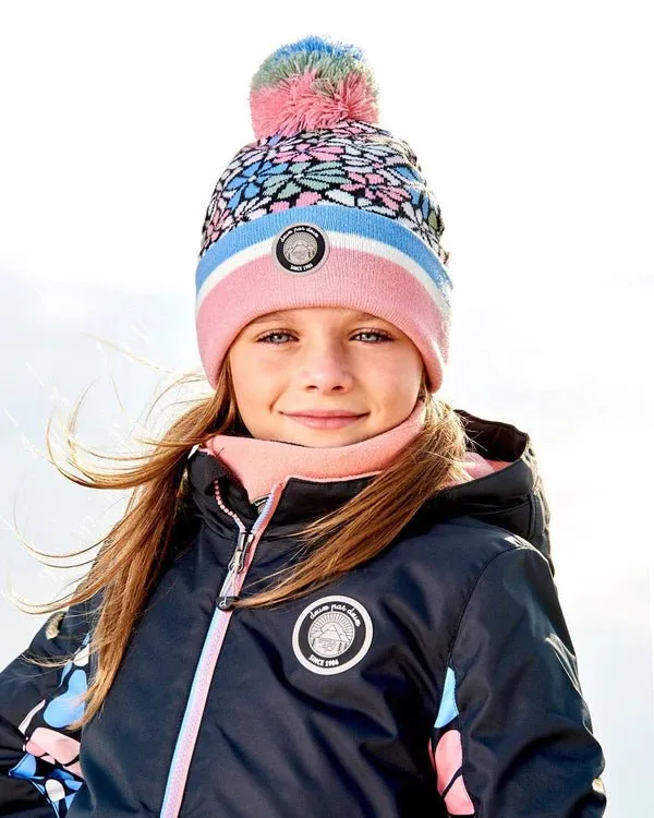 Deux par Deux - Knit Hat Blue, Pink And White Retro Flowers