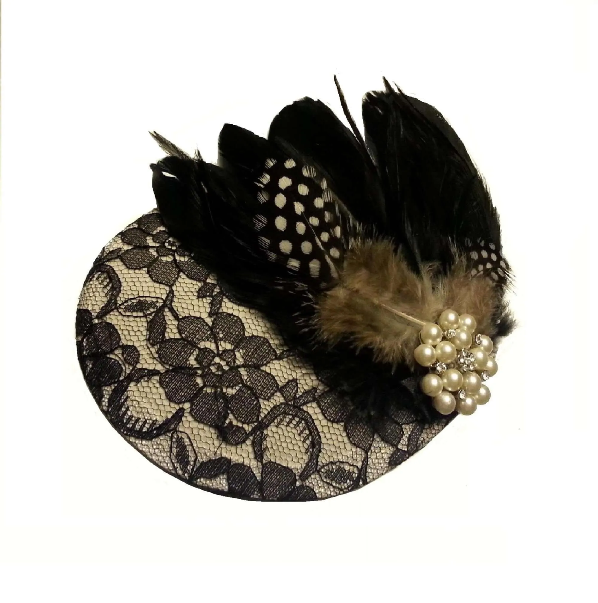 FASCINATOR Black & White FEATHER facinator 1920s Feather hat  Large Pearls Crystal jewel Bridal Wedding Ascot Cocktail Party hat Fascinator