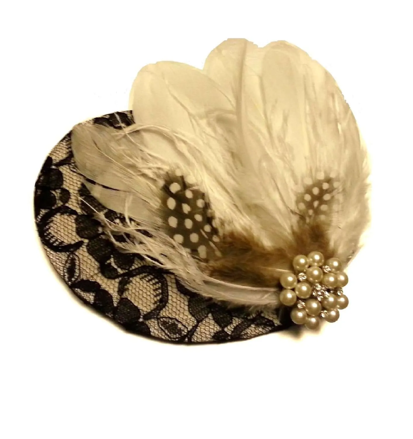 FASCINATOR Black & White FEATHER facinator 1920s Feather hat  Large Pearls Crystal jewel Bridal Wedding Ascot Cocktail Party hat Fascinator