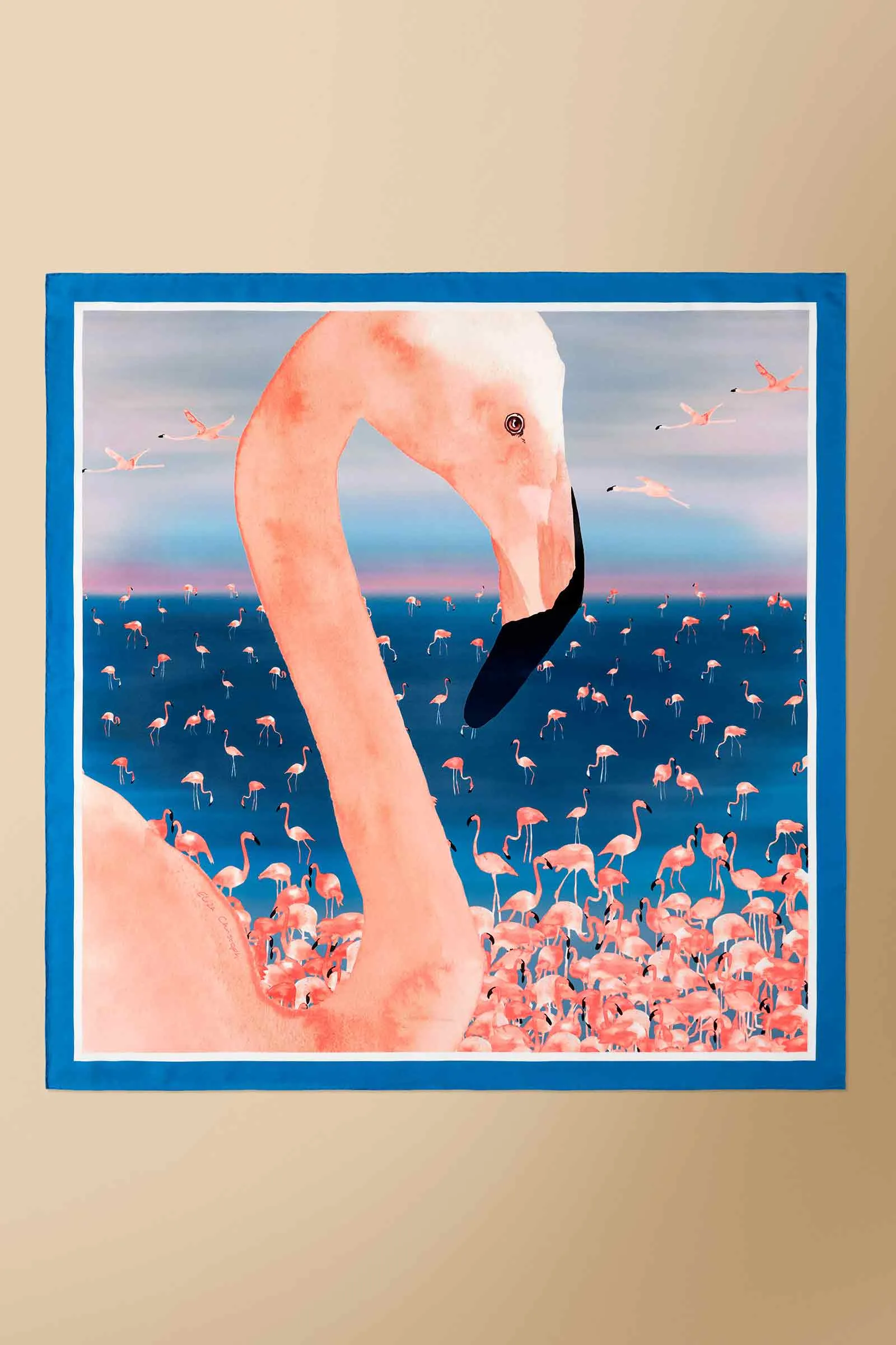 Flamingos Silk Twill Scarf in Blue
