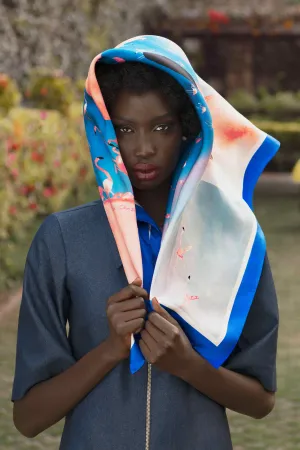 Flamingos Silk Twill Scarf in Blue