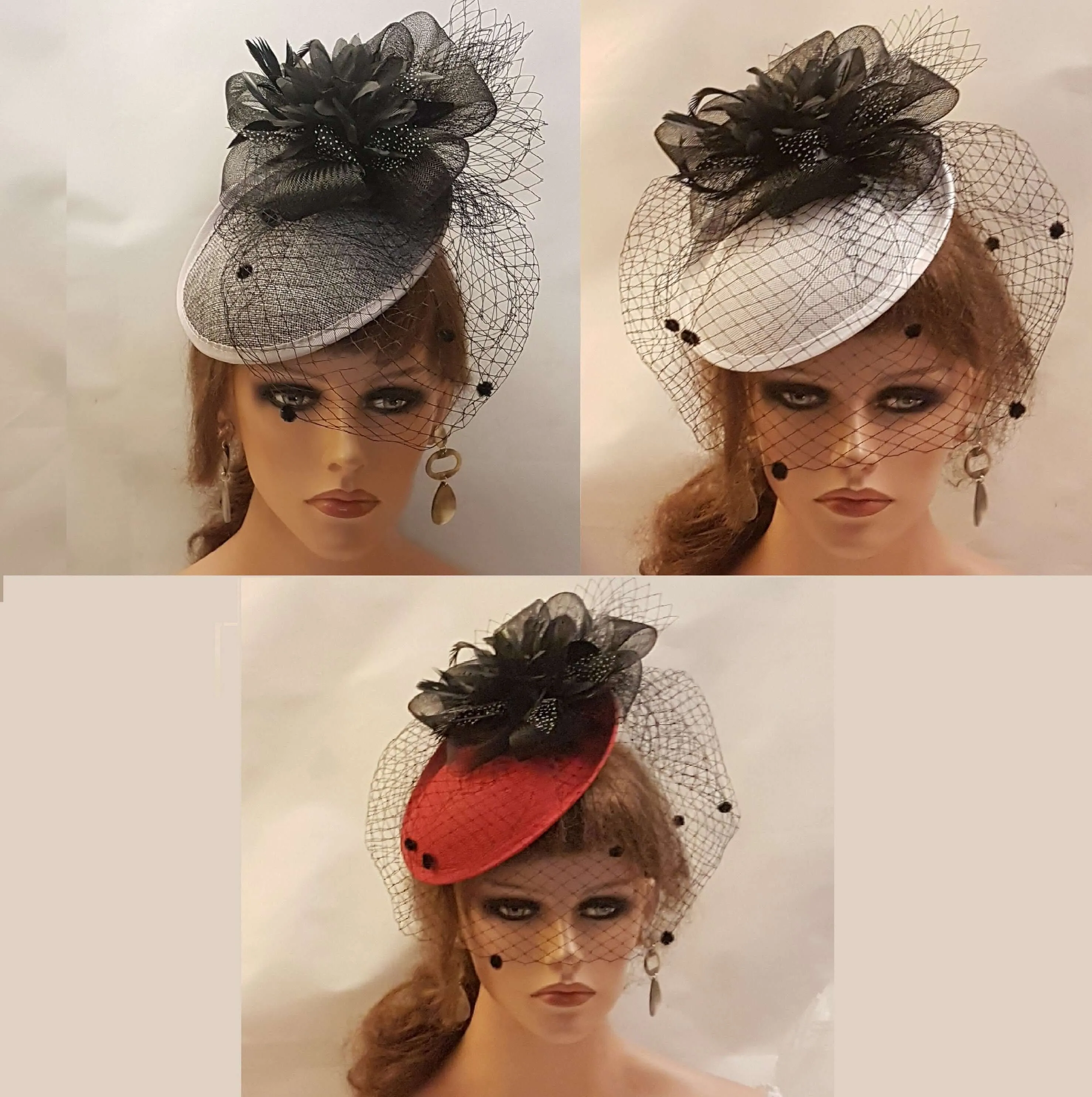 GREY RED WHITE Saucer hat Fascinator 40s50s Black Veil Fascinator Feather fascinator Race Ceremoney Cocktail Ladies Ascot Party  hatinator