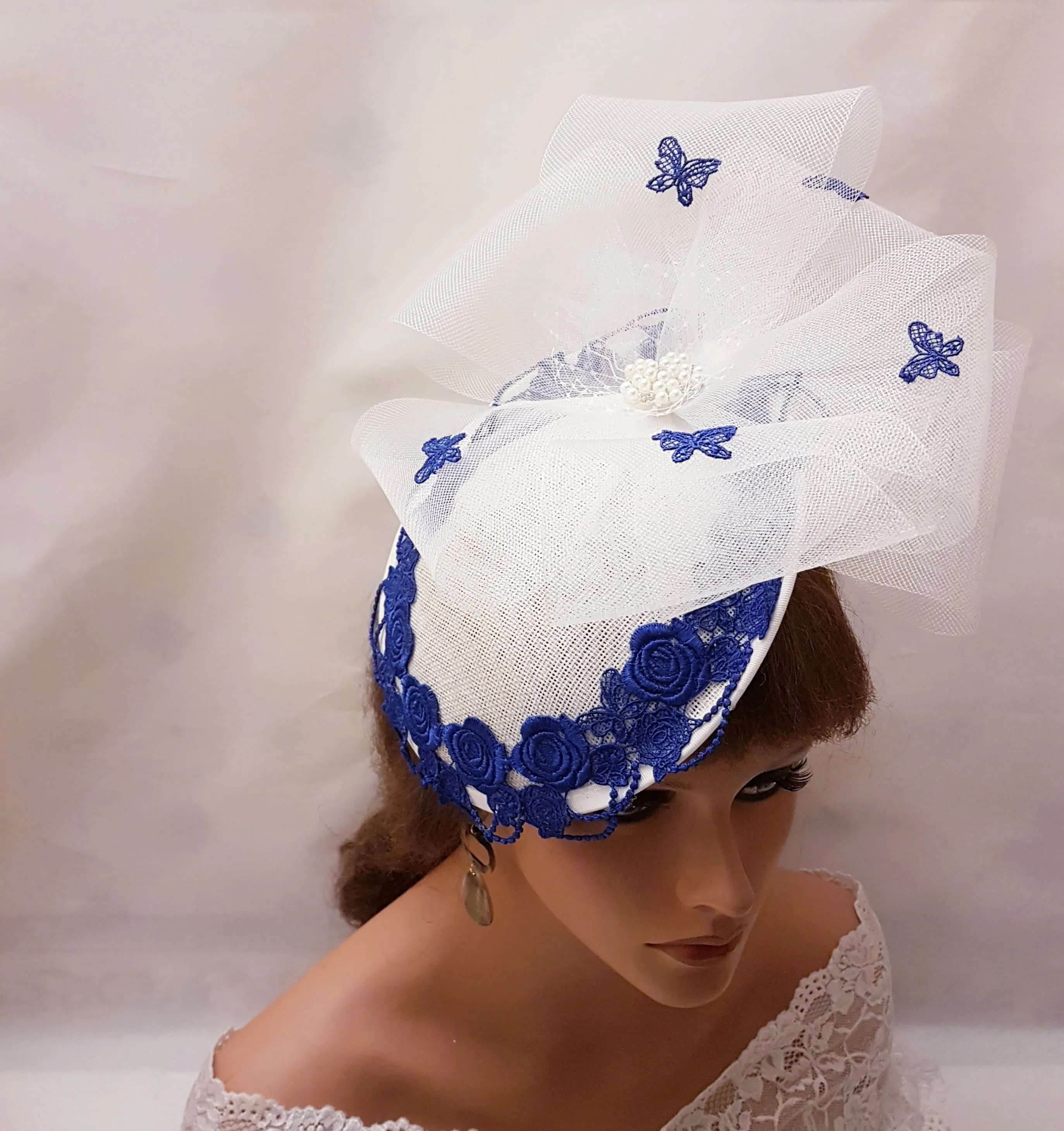 IVORY, WHITE and BLUE Hat Fascinator  Wedding hat Mother of bride, Derby, Ascot Race hat fascinator  Ladies  Hat Blue & Ivory Hat Fascinator