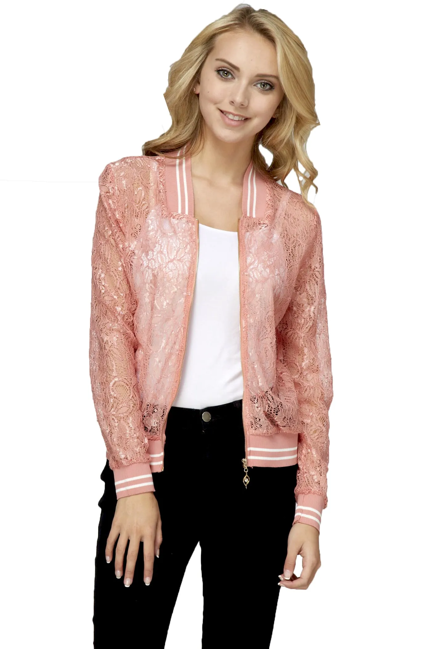 Lace Baseball Jacket Light Pink White