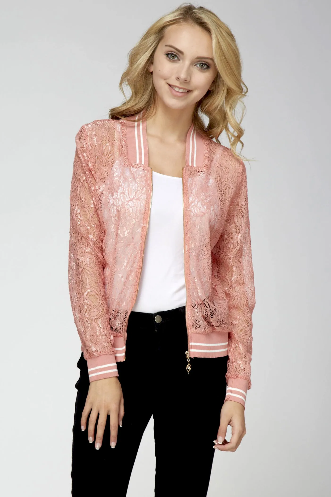 Lace Baseball Jacket Light Pink White