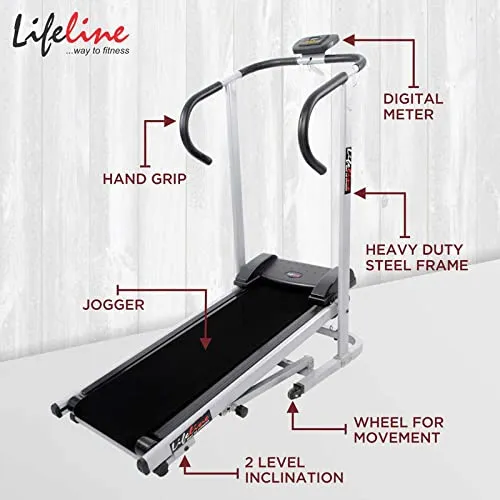 Life line Fitness LT-201 Manual Treadmill for Home Gym Exercise with Cardio Weight Loss , 2 Level Inclination, Made in India, Black