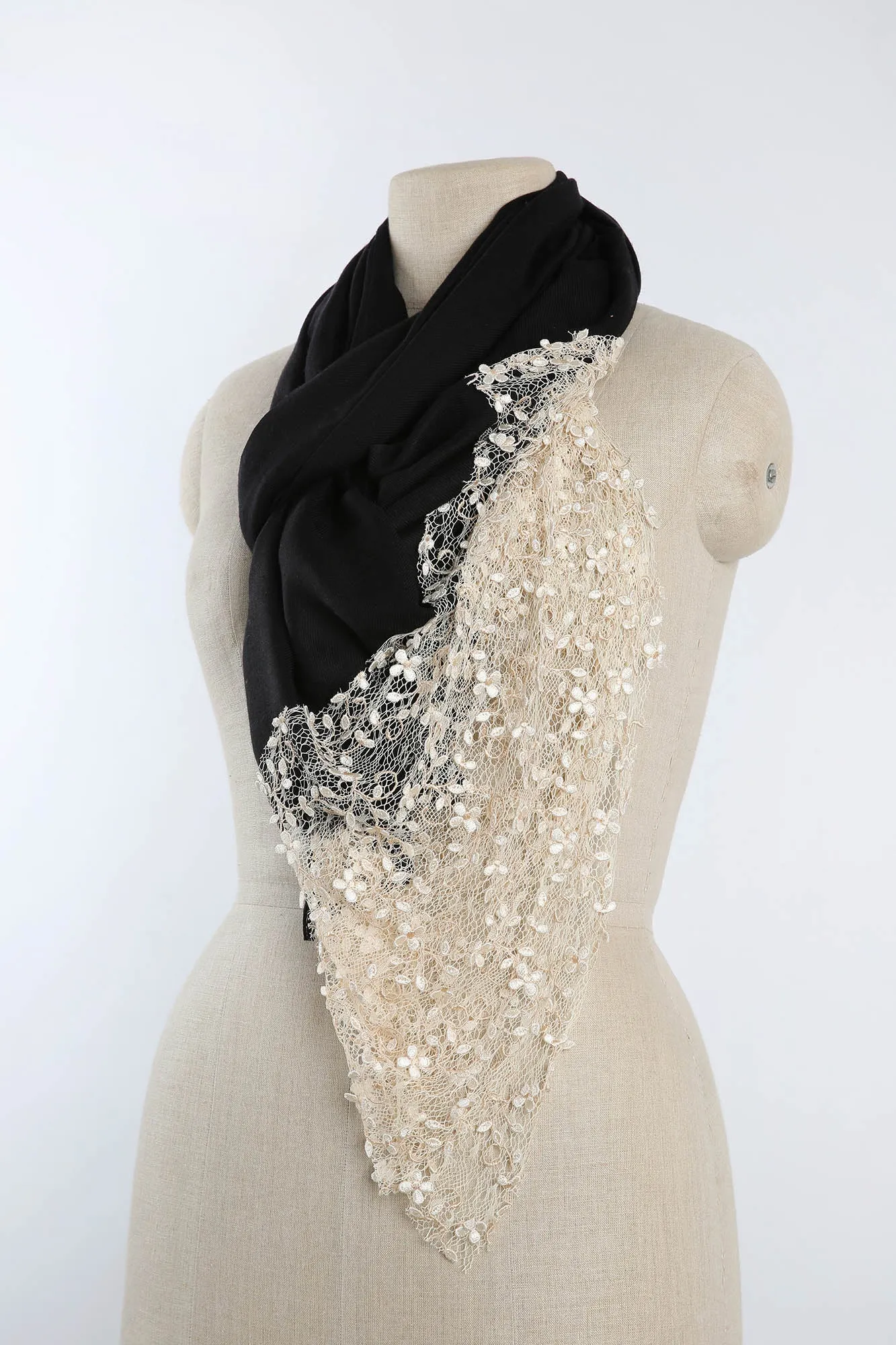 Limited Edition Cashmere Blend Scarf - Black with Italian Lace