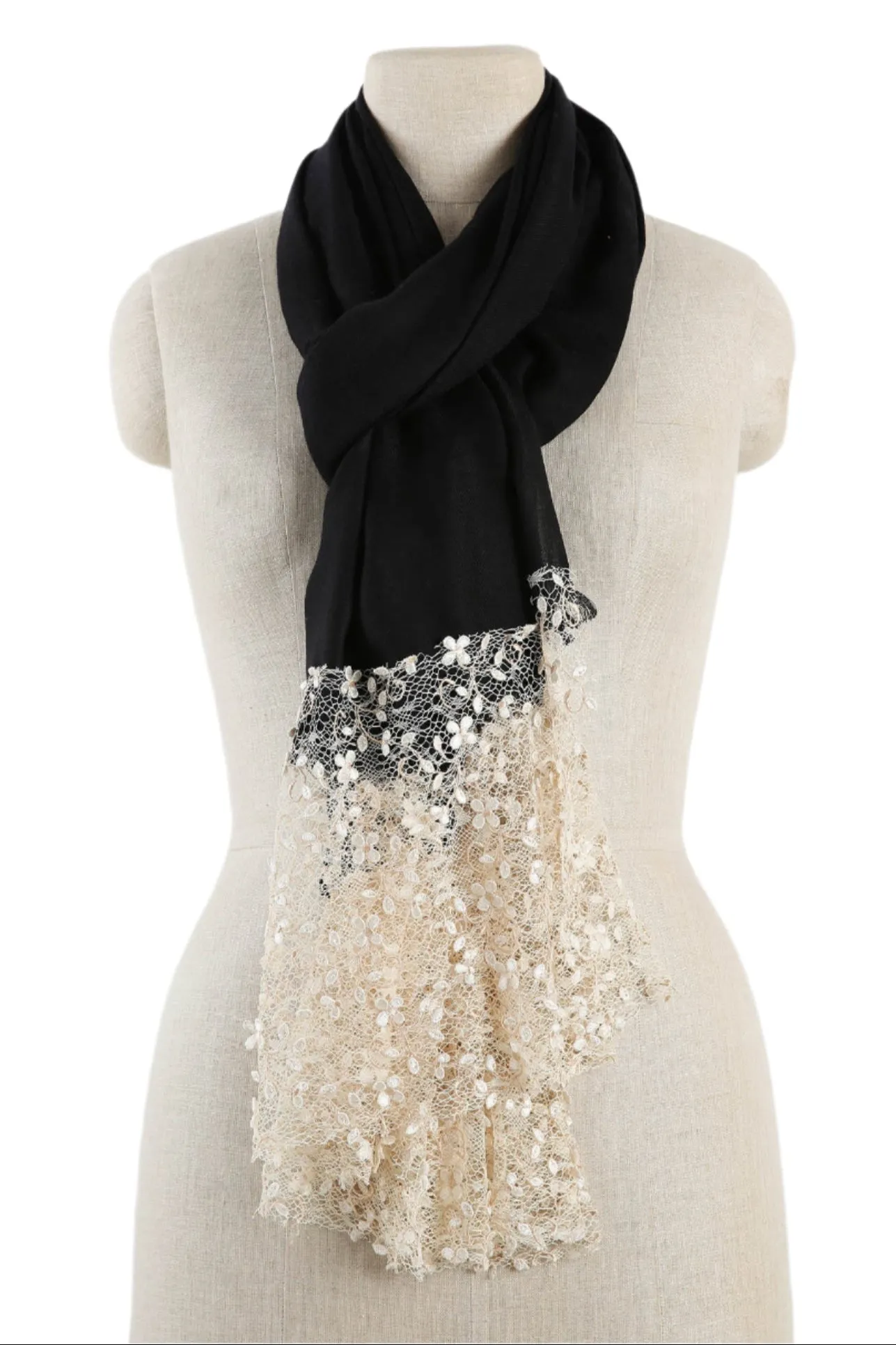 Limited Edition Cashmere Blend Scarf - Black with Italian Lace