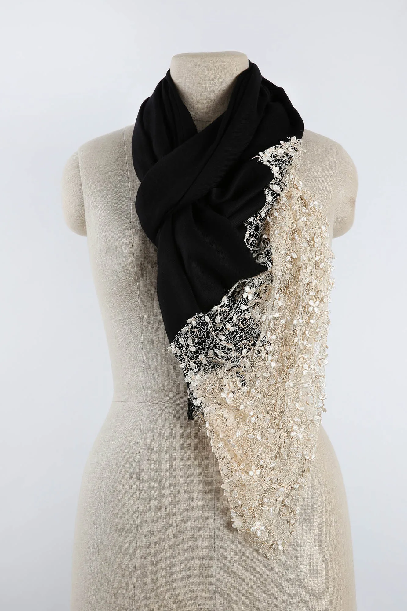 Limited Edition Cashmere Blend Scarf - Black with Italian Lace