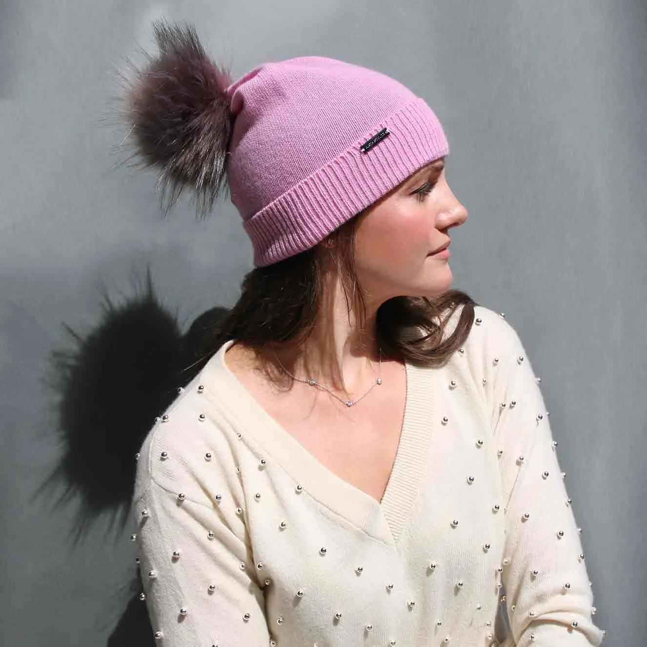 Party Pink Knit Hat with Custom Color Faux Fur Pom Pom