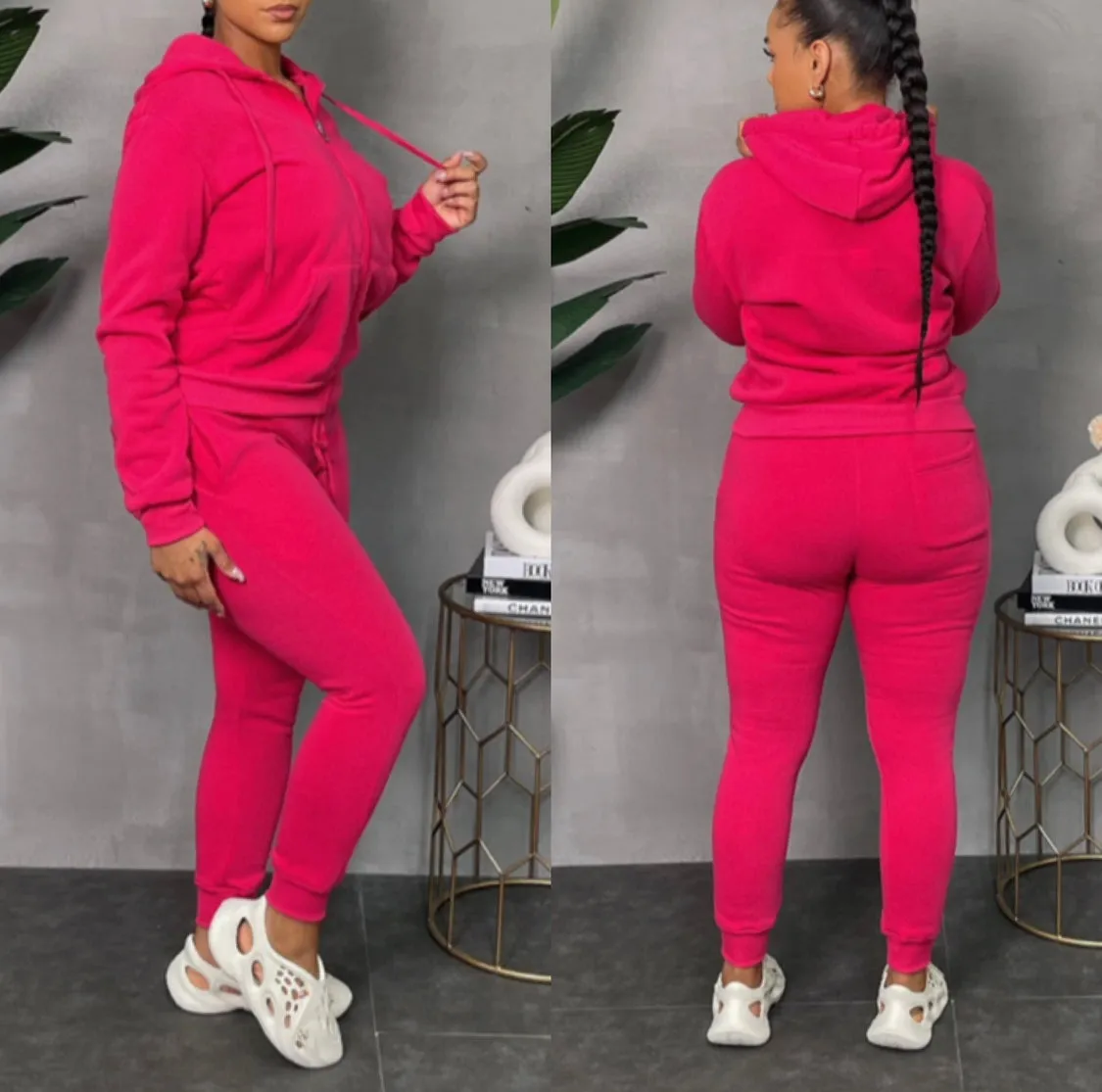 PINK Fleece Sweatsuit -Two-Piece Casual Cute Joggers Set