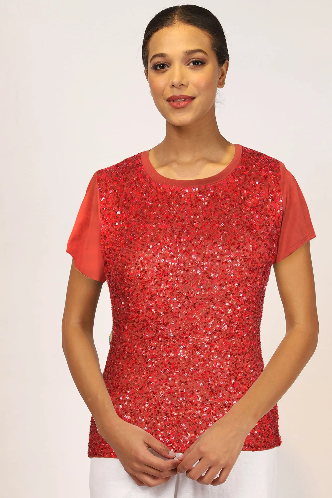 Red Contemporary Half Sleeve Silk Sweater