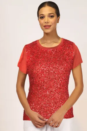 Red Contemporary Half Sleeve Silk Sweater